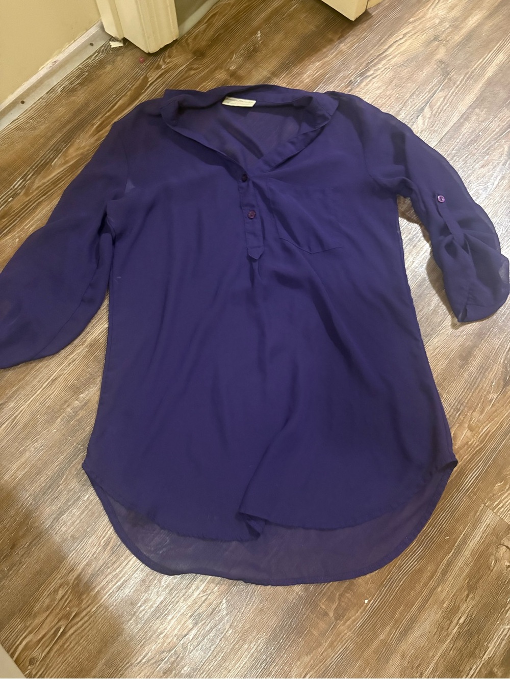 Bobbie Brooks Semi-Sheer Roll-Tab Tunic Blouse - Deep Purple